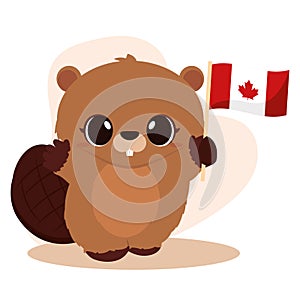Cute beaver cartoon with the flag of Canada Vector