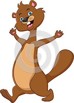 Cute beaver cartoon waving on white background