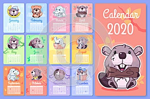 Cute beaver and elephant 2020 calendar design template with cartoon kawaii characters. Wall poster, calender creative pages layout