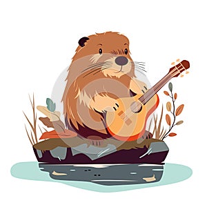 Cute beaver playing music on guitar near autumn pond or lake, funny woodland scene