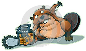 Cute Beaver Strarting Chainsaw Vector Cartoon