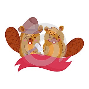 Cute beavers cartoons with hat and ribbon vector design