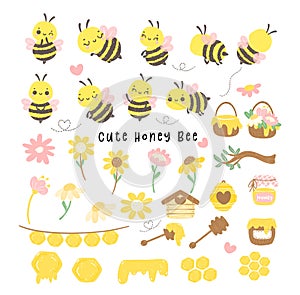 Cute bee Baby with honey and flowers Cartoon collection in adorable poses. Kawaii Animal Drawing for Spring & Summer