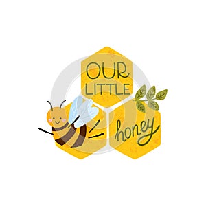 Cute bee Baby shower decorative element for kids birthday card with text Our little honey, flowers. Sweet vector