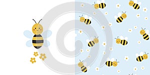 Cute bee card and seamless pattern. Background for kids with bees and daisies.