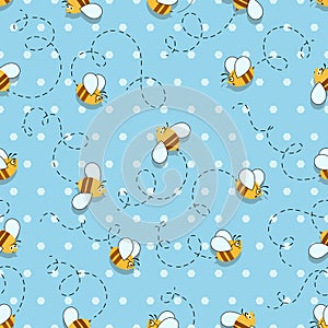 Cute bee. Cartoon background. Bee flies along a spiral route on blue background. Honeycomb.