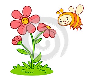 Cute bee cartoon. Bee and flower clipart vector illustration