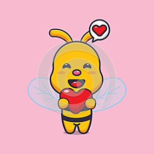Cute bee cartoon character holding love heart in valentines day.