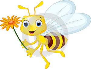 Cute bee cartoon flying while carrying flowers