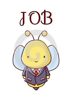 Cute bee cartoon kawaii job flat hand drawn isolated on white background