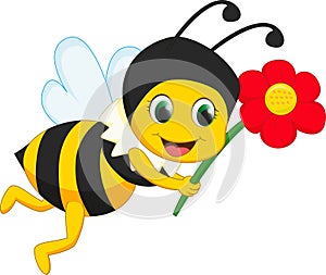 Cute bee cartoon with red flower
