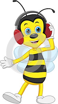 Cute bee cartoon wearing headphones