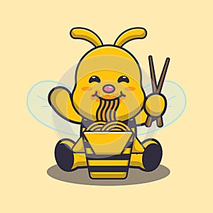 Cute bee eating noodle cartoon mascot illustration.