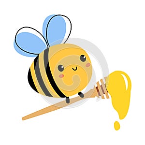 Cute Bee Flying Wooden Honey Dipper, Lovely Insect Character Cartoon Vector Illustration