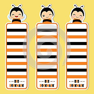 Cute bee girl smiles on yellow background vector cartoon illustration suitable for kid bookmark