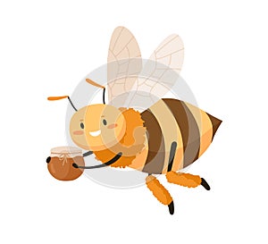 Cute bee with happy face flying and carrying honey pot. Smiling adorable honeybee holding jar in paws. Childish colored