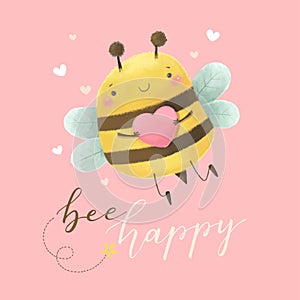 Cute bee holding pink heart with quote bee happy on pink background. Valentines Day card