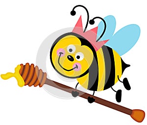 Cute bee holding a wooden honey spoon