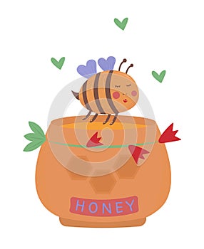 Cute bee on the honey jar