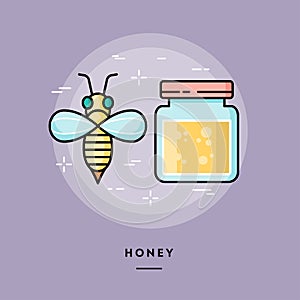 Cute bee and jar of honey, line flat design banner