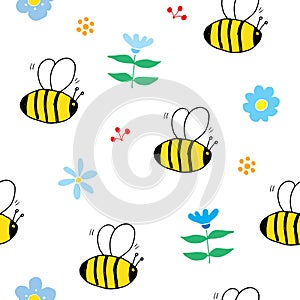 Cute Bee Seamless Pattern, Cartoon Hand Drawn honeybee Doodles Vector Illustration