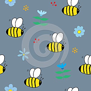 Cute Bee Seamless Pattern, Cartoon Hand Drawn honeybee Doodles Vector Illustration