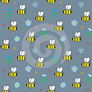 Cute Bee Seamless Pattern, Cartoon Hand Drawn honeybee Doodles Vector Illustration