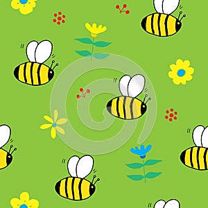 Cute Bee Seamless Pattern, Cartoon Hand Drawn honeybee Doodles Vector Illustration