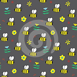 Cute Bee Seamless Pattern, Cartoon Hand Drawn honeybee Doodles Vector Illustration