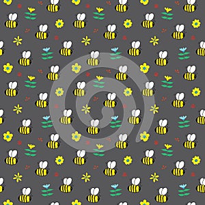 Cute Bee Seamless Pattern, Cartoon Hand Drawn honeybee Doodles Vector Illustration