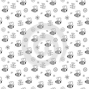 Cute Bee Seamless Pattern, Cartoon Hand Drawn honeybee Doodles Vector Illustration