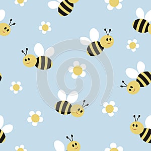 Cute bee seamless pattern. Childish texture with bee and daisy.