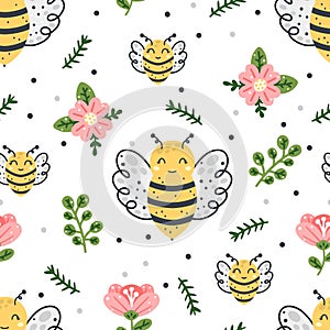 Cute bee seamless pattern with floral elements and abstract dots isolated on white background. Scandinavian style hand drawn