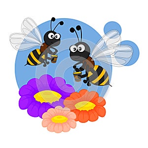 Cute bees with buckets of honey are circling over the flowers