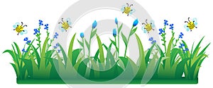 Cute bees flying on flowers and grass, cartoon vector