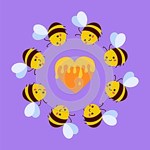 Cute Bees with Heart Isolated on Violet Background. Valentine Day Greeting Card. Cartoon Art. Vector Illustration