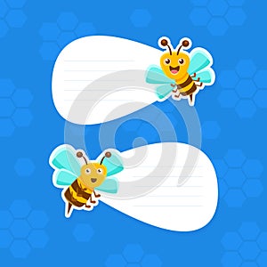 Cute Bees Holding White Empty Signboarda with Space for Text, Beekeeping Products Invitation Card, Advertising Banner