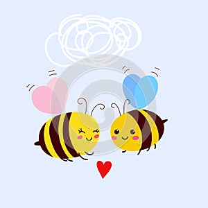 Cute Bees in Love Isolated on White Background. Valentine Day Greeting Card. Cartoon Art. Vector Illustration