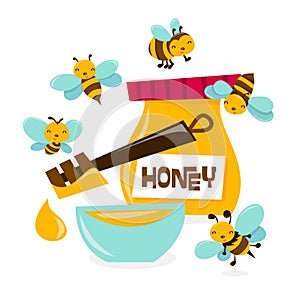 Cute Bees Swarming Over Honey