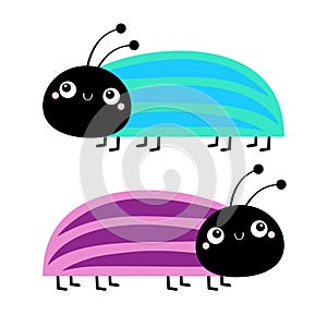 Cute beetle bug set. Insect animal. Cartoon kawaii smiling baby character. Blue green violet purple color. Education cards for