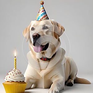 A cute beige Labrador in a birthday hat birthday cake