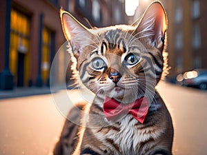 Cute bengal kitten portrait wearing red bow tie on city on background. Street cat, vacation relax concept. Generative Ai