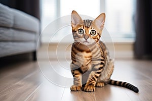 Cute bengal kitten sitting on the floor at home, A cute little Bengal kitten sitting on the floor at home, AI Generated