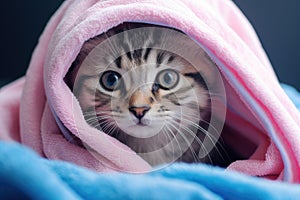 Cute bengal kitten wrapped in a pink towel with blue eyes, Cute wet gray tabby cat kitten after a bath wrapped in a pink towel