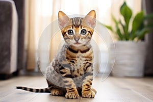 Cute bengal kitty cat sitting on the floor and looking at camera, A cute little Bengal kitten sitting on the floor at home, AI