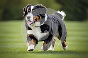 Cute Bernese Mountain dog puppy running on the grass