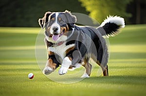 Cute Bernese Mountain dog puppy running on the grass