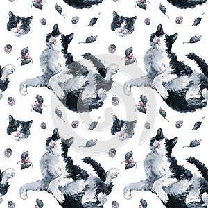 Cute bicolor black and white cat and toy mouses seamless pattern. Watercolor painting on white background