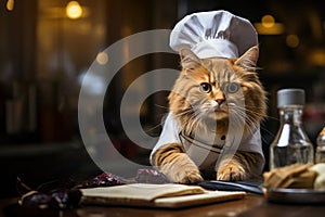 cute big cat as chef with white cap and costume in the kitchen of restaurant