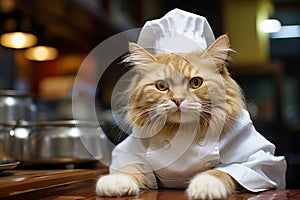 cute big cat as chef with white cap and costume in the kitchen of restaurant